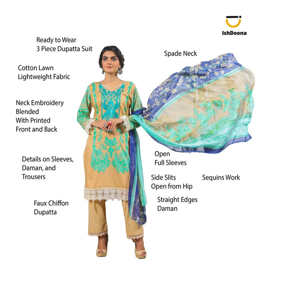 IshDeena Pakistani Lawn Salwar Kameez Indian Dresses for Women Ready to Wear Embroidered - IshDeena