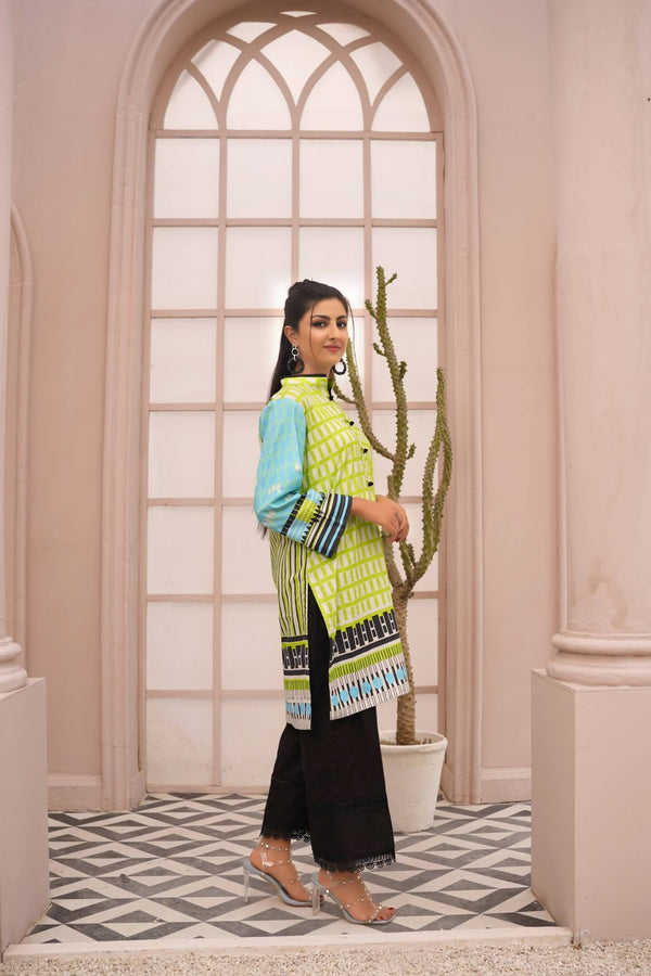 Women's Cotton Printed Kurti - Green & Blue | Buy Online USA – IshDeena - IshDeena