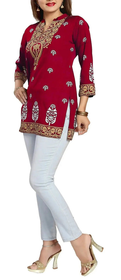 IshDeena Indian Kurtis for Women Indian Style Printed Faux Crepe Tunics Womens Tops Kurta - IshDeena