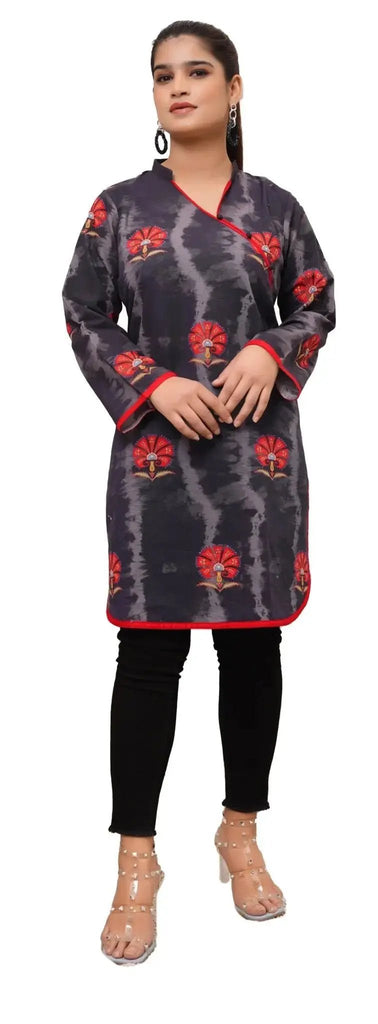 IshDeena Indian Pakistani Short Kurti Tunic Tops - Printed Khaddar Fabric for Women - Office & Casual Wear, Modern Design, M-3XL - IshDeena