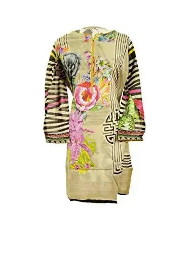 IshDeena Pakistani Designer Lawn & Chiffon Dresses for Women Ready to Wear Salwar Kameez (Large, Beige Black - Charizma Naranji) - IshDeena