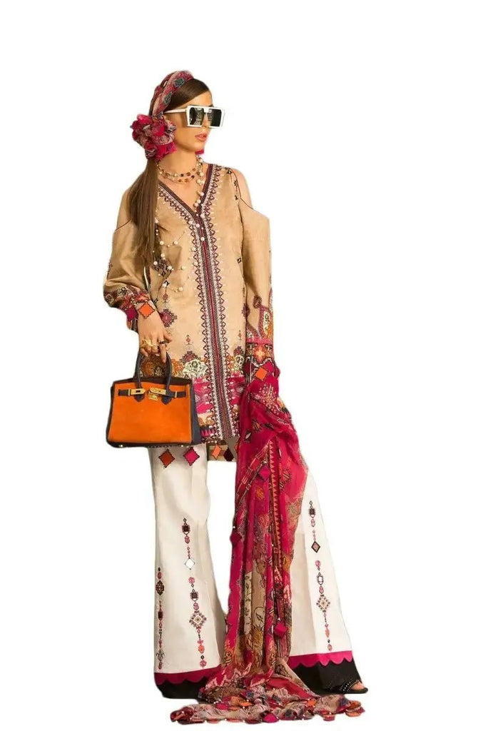 IshDeena Pakistani Designer Lawn & Chiffon Dresses for Women Ready to Wear Salwar Kameez (Small, Cream - Shanaya by SA) - IshDeena