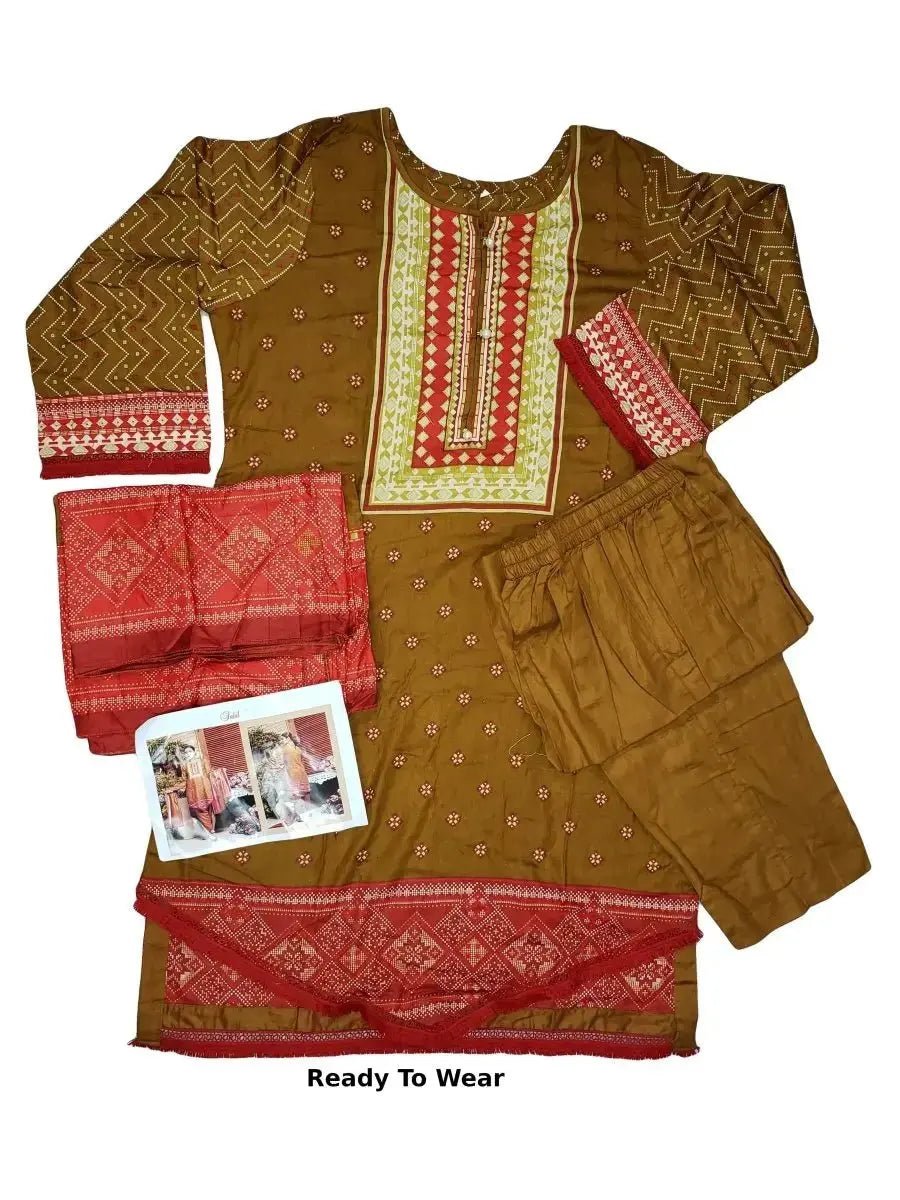 IshDeena Pakistani Dresses for Women Ready to Wear Salwar Kameez Ladies Suit - 3 Piece (Small, Bronze - Printed) - IshDeena