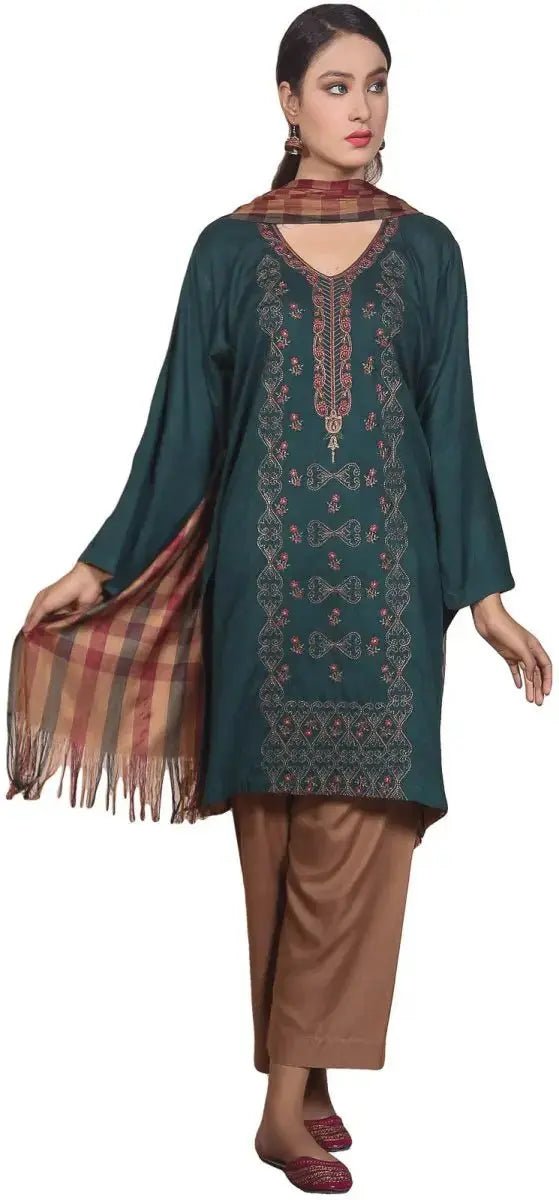 IshDeena Ready to Wear Embroidered Linen Pakistani Dresses for Women Shalwar, Kameez with Check Shawl - Three Piece Set - IshDeena