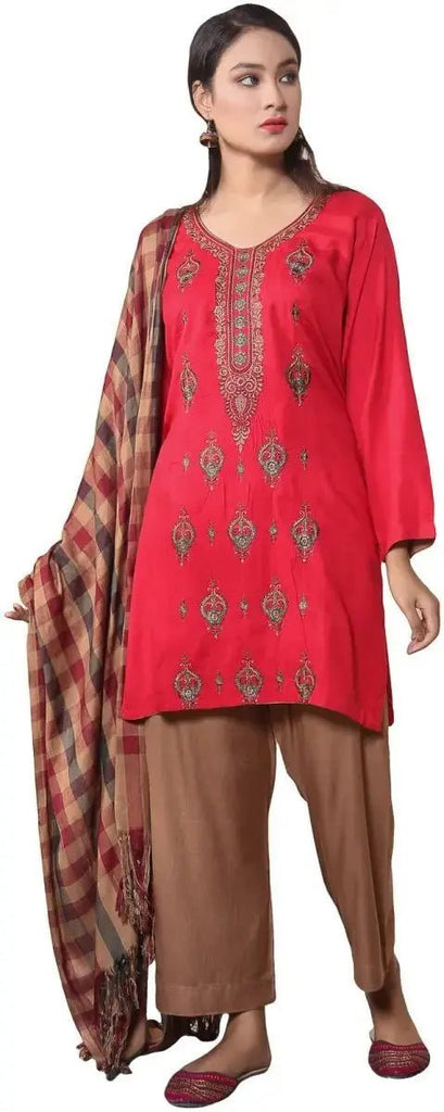 IshDeena Ready to Wear Embroidered Linen Pakistani Dresses for Women Shalwar, Kameez with Check Shawl - Three Piece Set - IshDeena