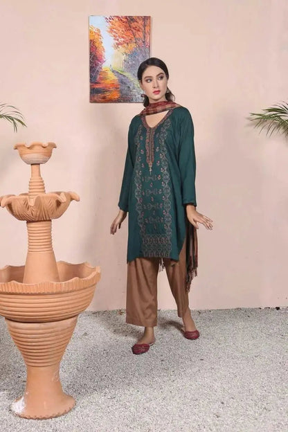 IshDeena Ready to Wear Embroidered Linen Pakistani Dresses for Women Shalwar, Kameez with Check Shawl - Three Piece Set - IshDeena