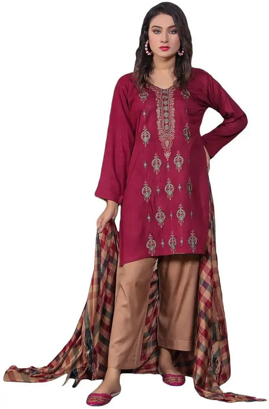 IshDeena Ready to Wear Embroidered Linen Pakistani Dresses for Women Shalwar, Kameez with Check Shawl - Three Piece Set - IshDeena