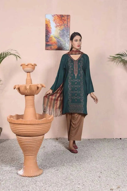 IshDeena Ready to Wear Embroidered Linen Pakistani Dresses for Women Shalwar, Kameez with Check Shawl - Three Piece Set - IshDeena