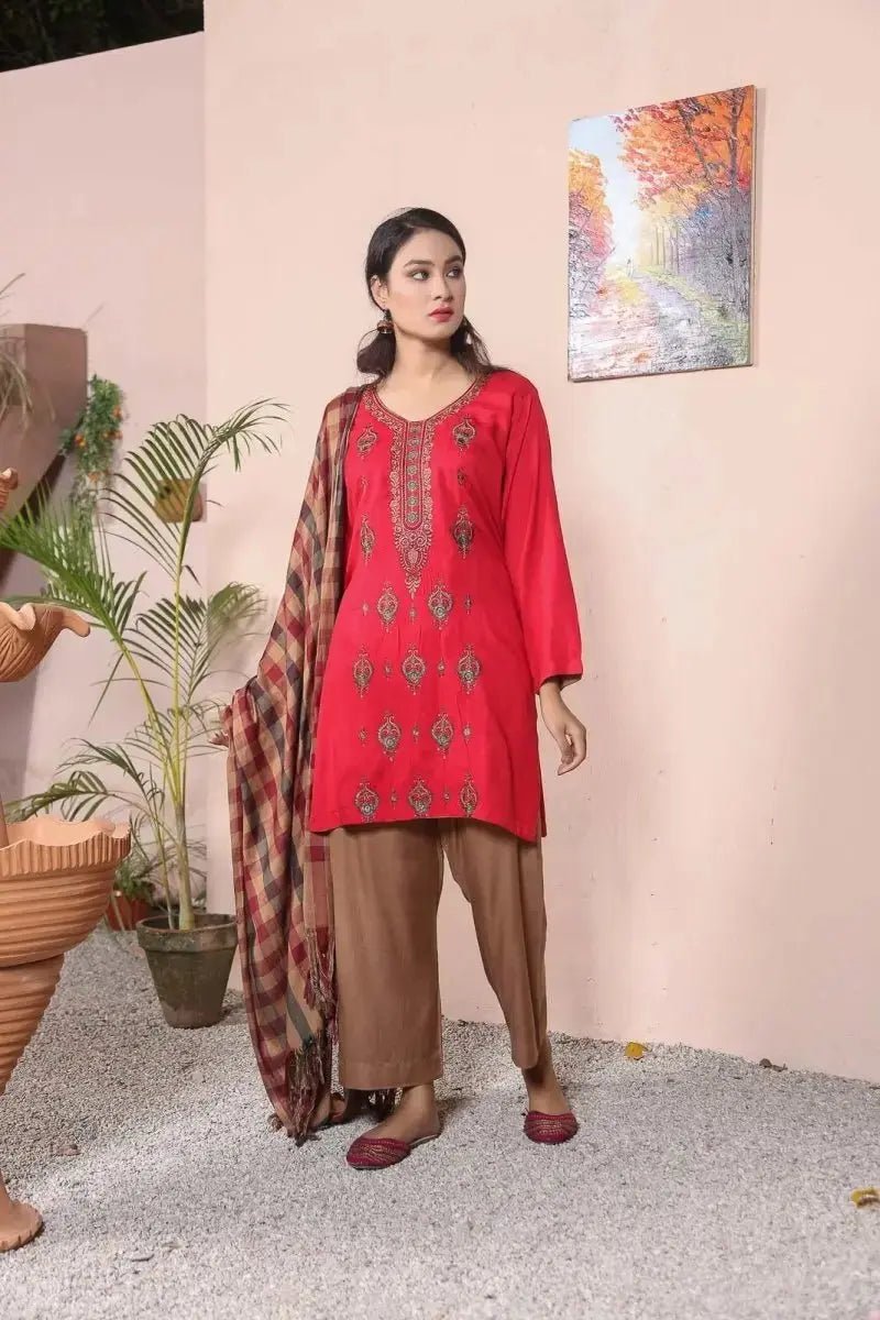 IshDeena Ready to Wear Embroidered Linen Pakistani Dresses for Women Shalwar, Kameez with Check Shawl - Three Piece Set - IshDeena