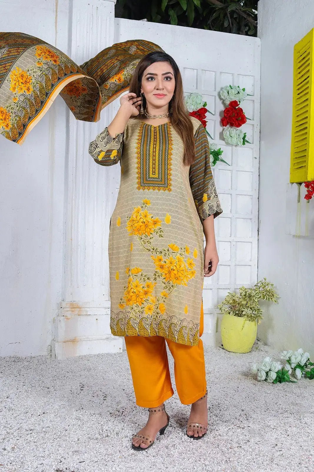 IshDeena Ready to Wear Pakistani Shalwar, Kameez Dupatta Set - Printed Linen Women Dress - IshDeena