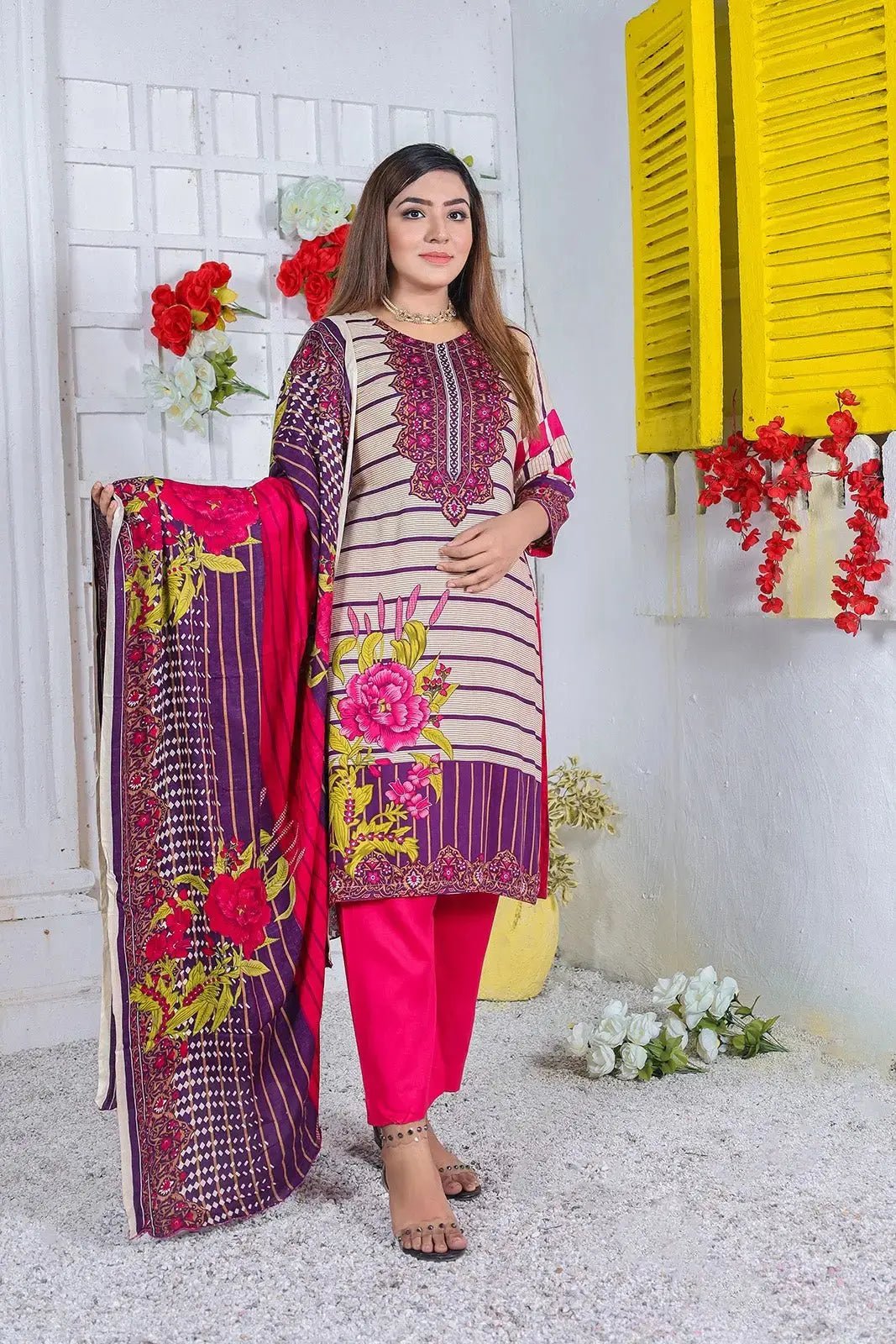 IshDeena Ready to Wear Pakistani Shalwar, Kameez Dupatta Set - Printed Linen Women Dress - IshDeena