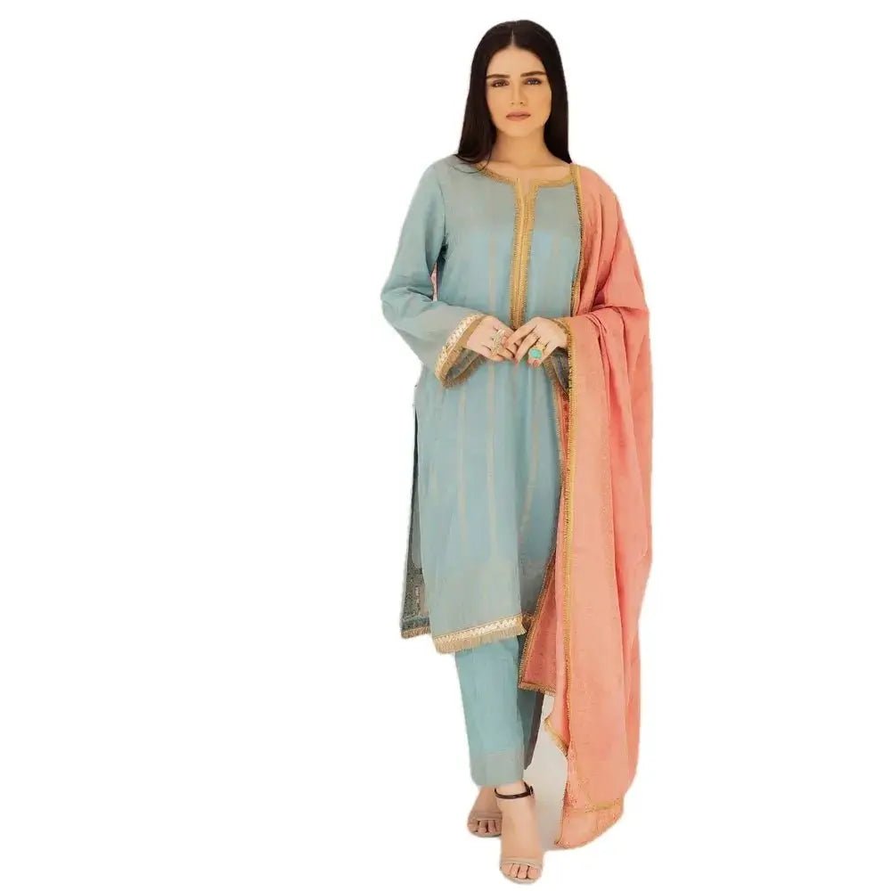 Pakistani Dresses for Women Ready to Wear Salwar Kameez with Dupatta Jacquard Sky Blue Orange - IshDeena