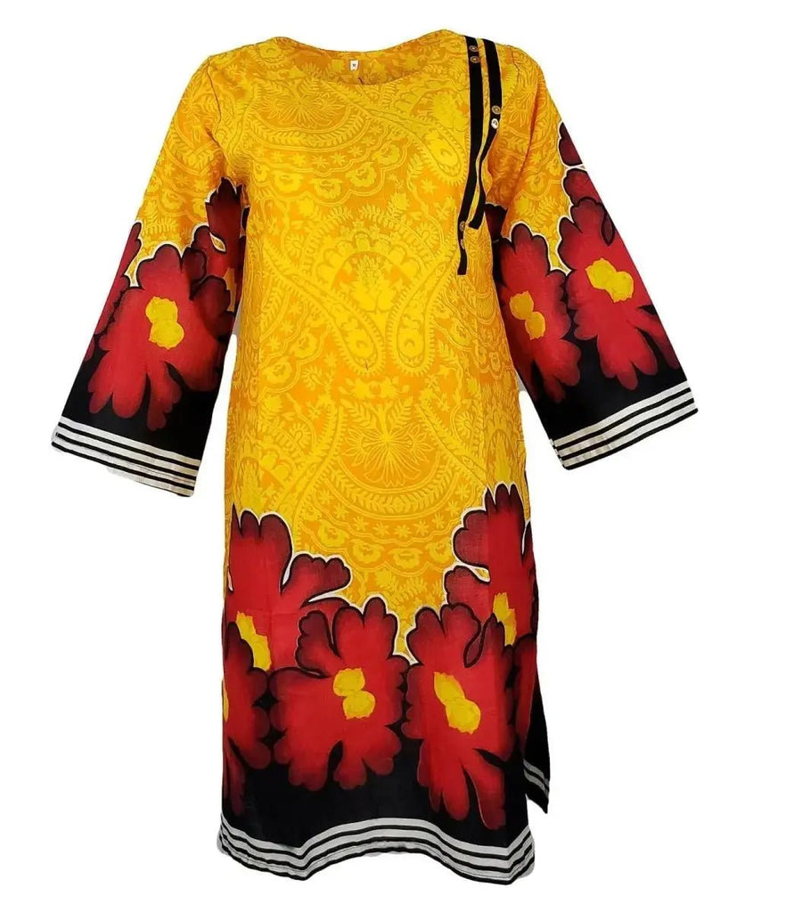 Printed Pakistani Khadi Kurtis for Women Ready to Wear Orange - IshDeena