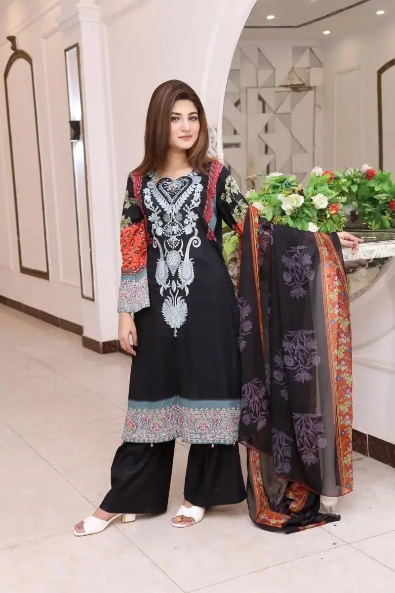 Ready to Wear Embroidered Lawn Pakistani Dresses for Women Shalwar, Kameez with Dupatta - Three Piece Set - Black - IshDeena