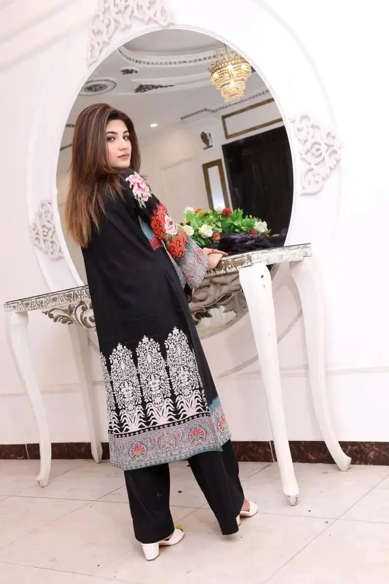 Ready to Wear Embroidered Lawn Pakistani Dresses for Women Shalwar, Kameez with Dupatta - Three Piece Set - Black - IshDeena