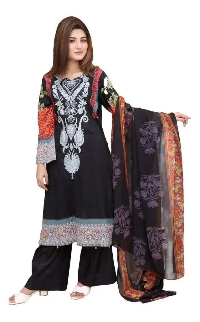 Ready to Wear Embroidered Lawn Pakistani Dresses for Women Shalwar, Kameez with Dupatta - Three Piece Set - Black - IshDeena