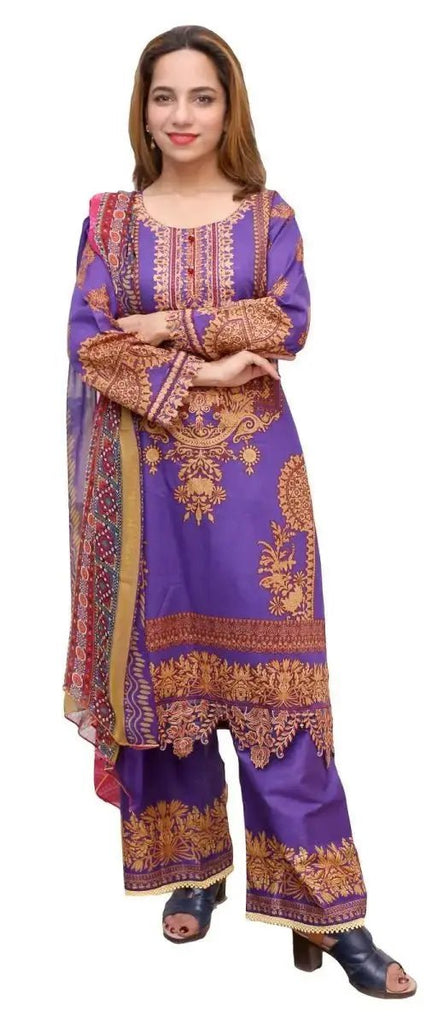 Ready to Wear Embroidered Lawn Pakistani Dresses for Women Shalwar, Kameez with Dupatta - Three Piece Set - Blue - IshDeena