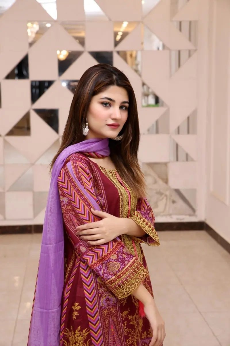 Ready to Wear Embroidered Lawn Pakistani Dresses for Women Shalwar, Kameez with Dupatta - Three Piece Set - Crimson - IshDeena