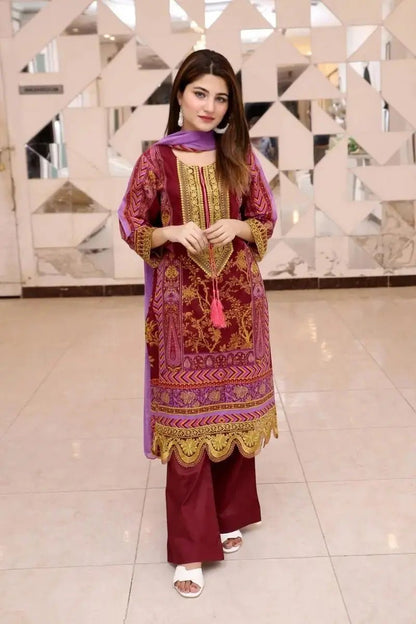 Ready to Wear Embroidered Lawn Pakistani Dresses for Women Shalwar, Kameez with Dupatta - Three Piece Set - Crimson - IshDeena