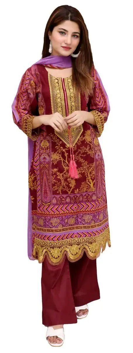 Ready to Wear Embroidered Lawn Pakistani Dresses for Women Shalwar, Kameez with Dupatta - Three Piece Set - Crimson - IshDeena