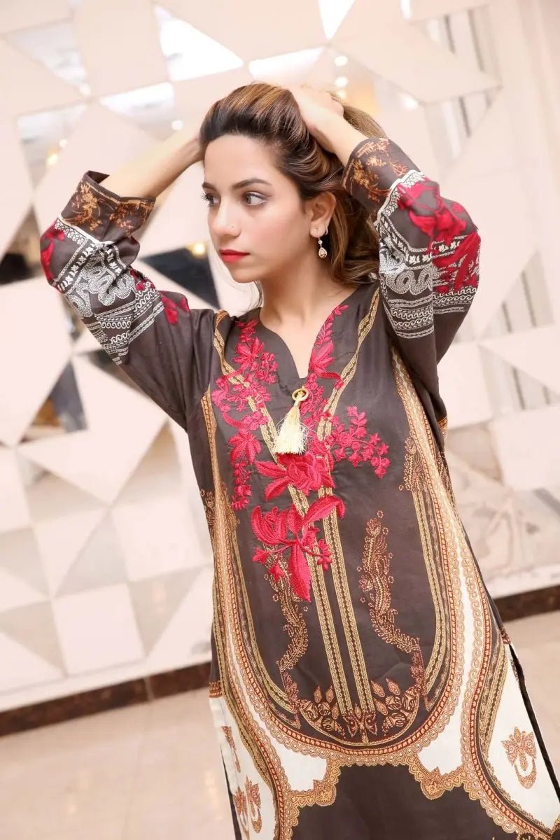 Ready to Wear Embroidered Lawn Pakistani Dresses for Women Shalwar, Kameez with Dupatta - Three Piece Set - Gray - IshDeena