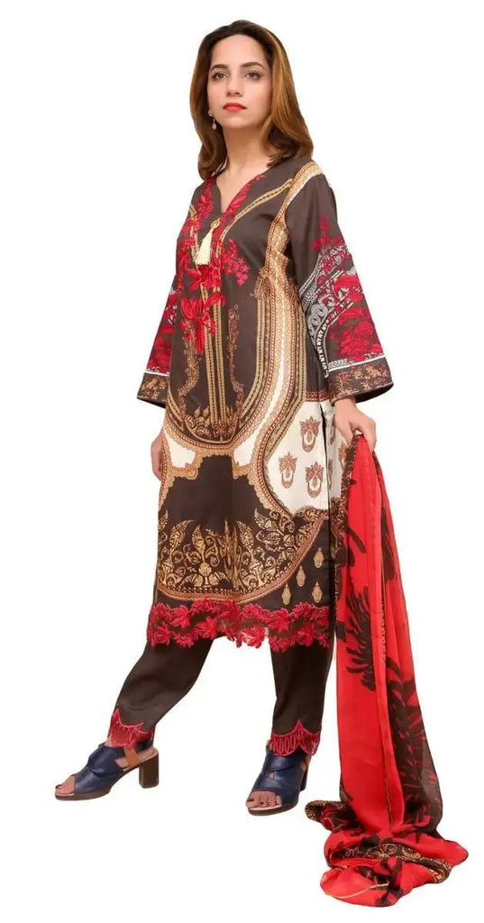 Ready to Wear Embroidered Lawn Pakistani Dresses for Women Shalwar, Kameez with Dupatta - Three Piece Set - Gray - IshDeena