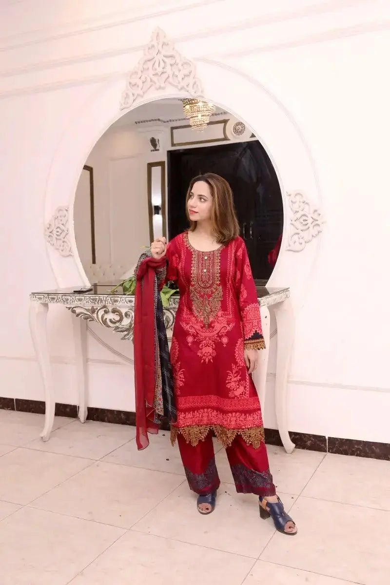 Ready to Wear Embroidered Lawn Pakistani Dresses for Women Shalwar, Kameez with Dupatta - Three Piece Set - Maroon - IshDeena