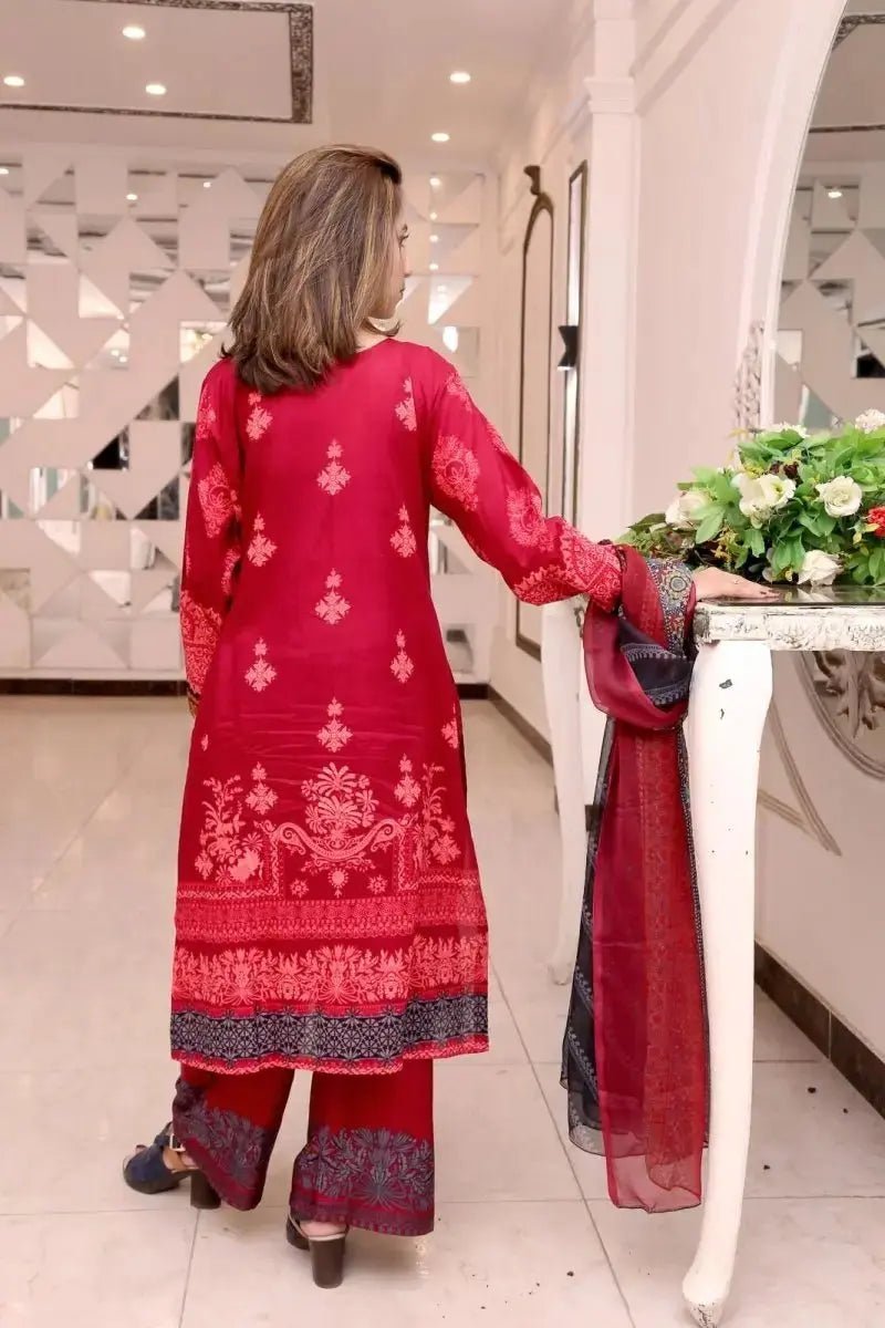 Ready to Wear Embroidered Lawn Pakistani Dresses for Women Shalwar, Kameez with Dupatta - Three Piece Set - Maroon - IshDeena