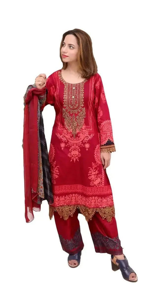 Ready to Wear Embroidered Lawn Pakistani Dresses for Women Shalwar, Kameez with Dupatta - Three Piece Set - Maroon - IshDeena