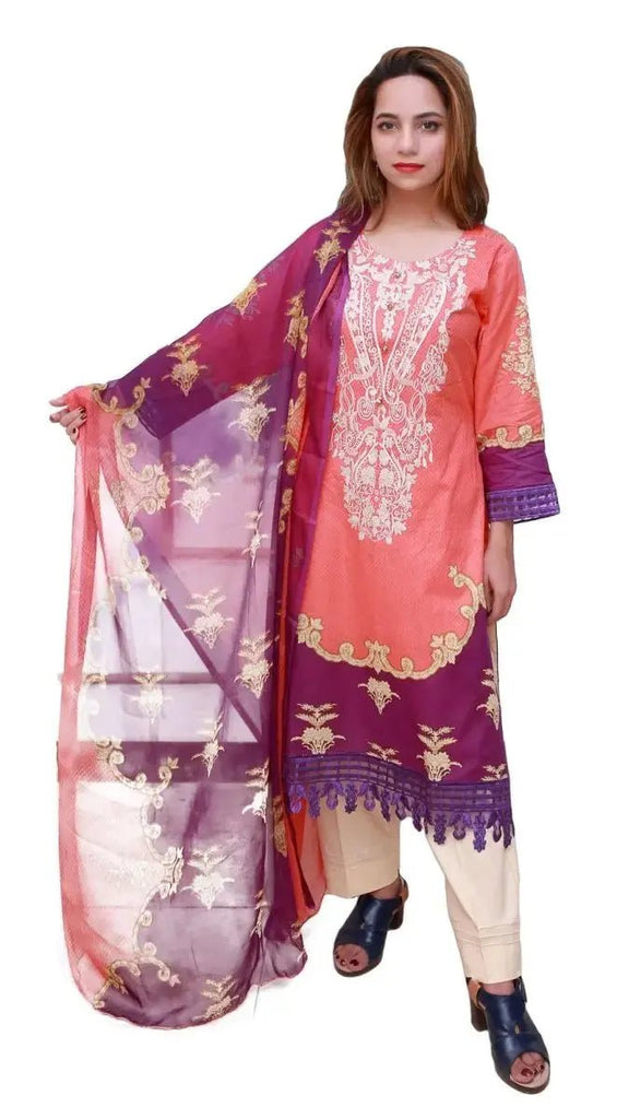 Ready to Wear Embroidered Lawn Pakistani Dresses for Women Shalwar, Kameez with Dupatta - Three Piece Set - Orange - IshDeena