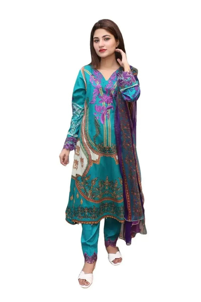 Ready to Wear Embroidered Lawn Pakistani Dresses for Women Shalwar, Kameez with Dupatta - Three Piece Set - Persian Green - IshDeena