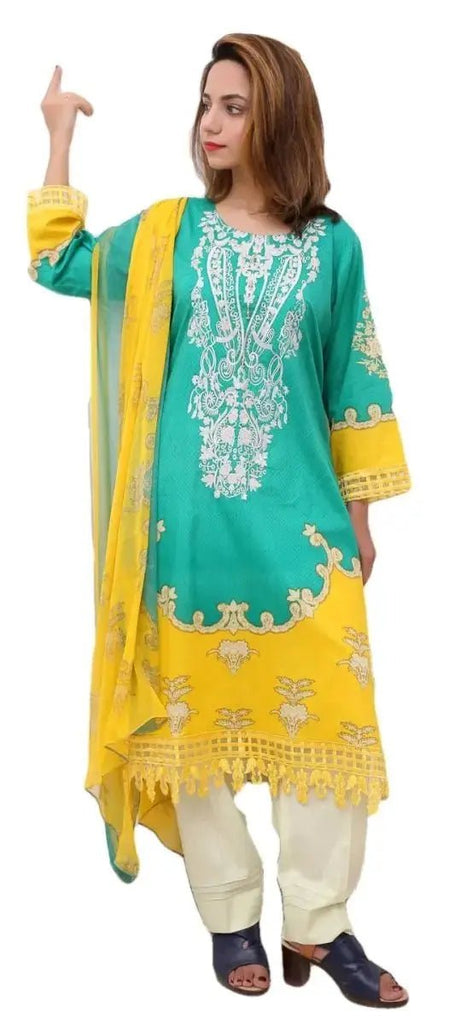 Ready to Wear Embroidered Lawn Pakistani Dresses for Women Shalwar, Kameez with Dupatta - Three Piece Set - Sea Green - IshDeena