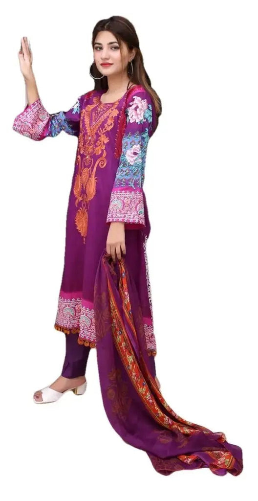 Ready to Wear Embroidered Lawn Pakistani Dresses for Women Shalwar, Kameez with Dupatta - Three Piece Set - Voilet - IshDeena