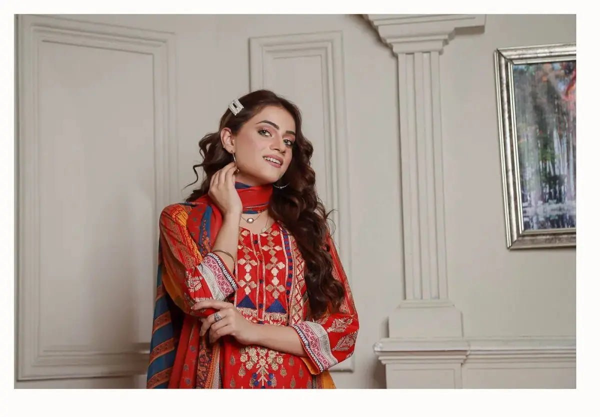 Ready to Wear Embroidered Lawn Pakistani Dresses for Women Shalwar, Kameez with Dupatta - Three Piece Set - IshDeena