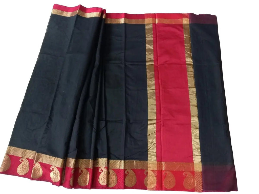 Sari - Handloom Art and Cotton Silk Saris Indian Ethic Traditional Wear (Black-Weaved-sr2, Cotton Silk) - IshDeena