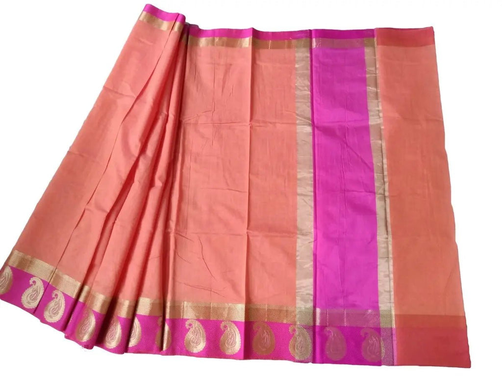 Sari - Handloom Art and Cotton Silk Saris Indian Ethic Traditional Wear (Orange-Weaved-sr1, Cotton Silk) - IshDeena