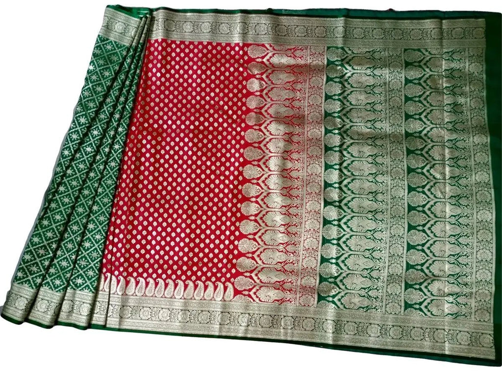 Sari - Handloom Art and Cotton Silk Saris Indian Ethic Traditional Wear (Red-Green-Weaved-sr1, Handloom Art Silk) - IshDeena