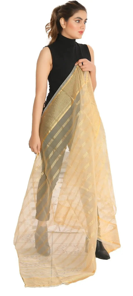 IshDeena Indian Dupatta for Women - Beach Wrap, Chunri for Puja, Lightweight Organza Scarf & Stole, Golden Stripes, 2x1m - IshDeena