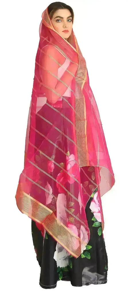 IshDeena Indian Dupatta for Women - Beach Wrap, Chunri for Puja, Lightweight Organza Scarf & Stole, Golden Stripes, 2x1m - IshDeena