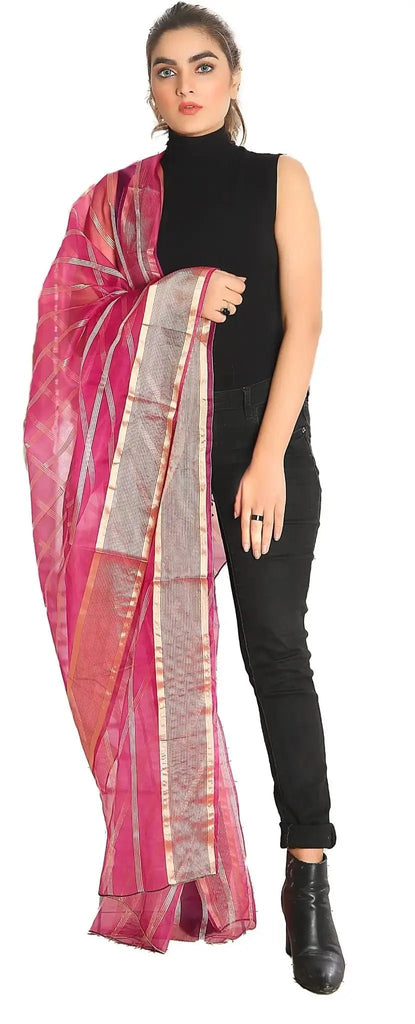 IshDeena Indian Dupatta for Women - Beach Wrap, Chunri for Puja, Lightweight Organza Scarf & Stole, Golden Stripes, 2x1m - IshDeena