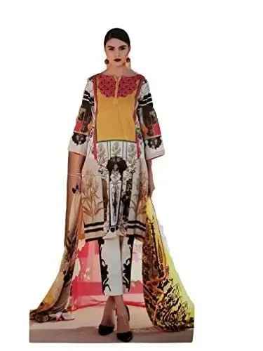 IshDeena Lawn & Chiffon Designer Dresses for Women Ready to Wear Pakistani Salwar Kameez (Medium, Orange Black - Charizma Naranji)