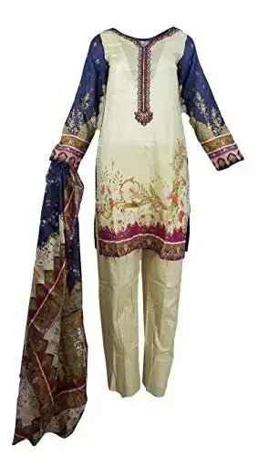 IshDeena Lawn & Chiffon Designer Dresses for Women Ready to Wear Pakistani Salwar Kameez (Small, Cream - Shanaya by SA)