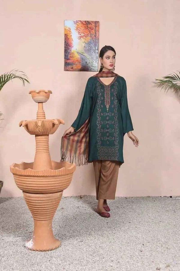 IshDeena Ready to Wear Embroidered Linen  Pakistani Dresses for Women Shalwar, Kameez with Check Shawl - Three Piece Set