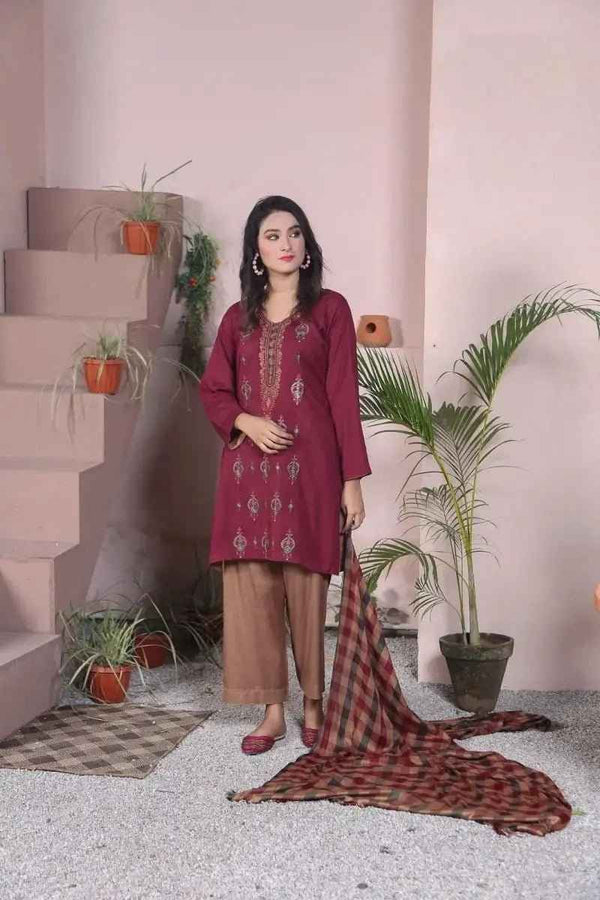 IshDeena Ready to Wear Embroidered Linen  Pakistani Dresses for Women Shalwar, Kameez with Check Shawl - Three Piece Set
