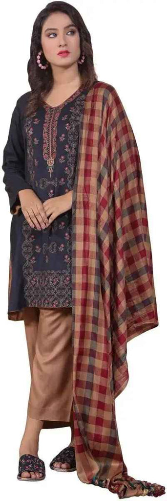 IshDeena Ready to Wear Embroidered Linen  Pakistani Dresses for Women Shalwar, Kameez with Check Shawl - Three Piece Set