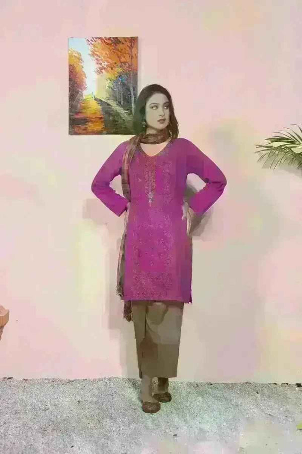 IshDeena Ready to Wear Embroidered Linen  Pakistani Dresses for Women Shalwar, Kameez with Check Shawl - Three Piece Set