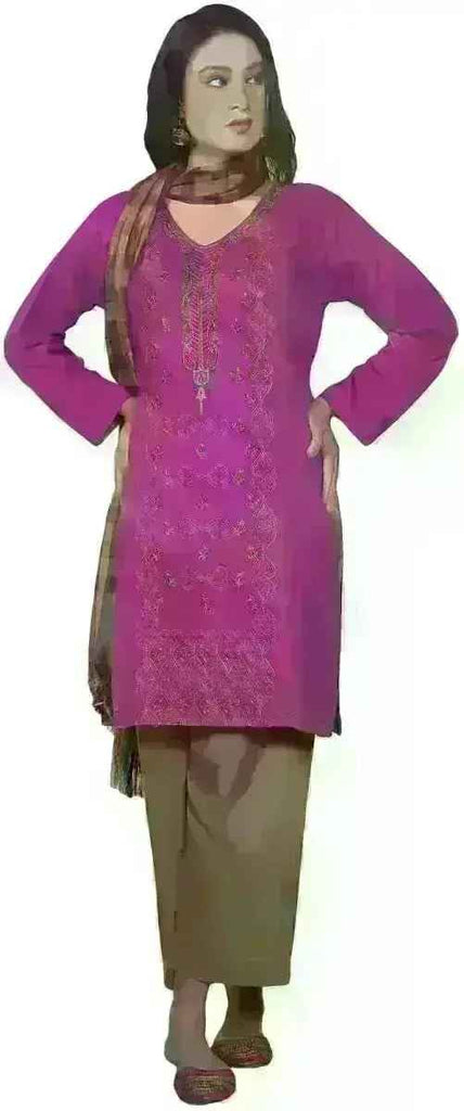 IshDeena Ready to Wear Embroidered Linen  Pakistani Dresses for Women Shalwar, Kameez with Check Shawl - Three Piece Set