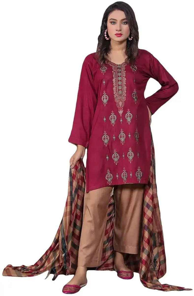 IshDeena Ready to Wear Embroidered Linen  Pakistani Dresses for Women Shalwar, Kameez with Check Shawl - Three Piece Set