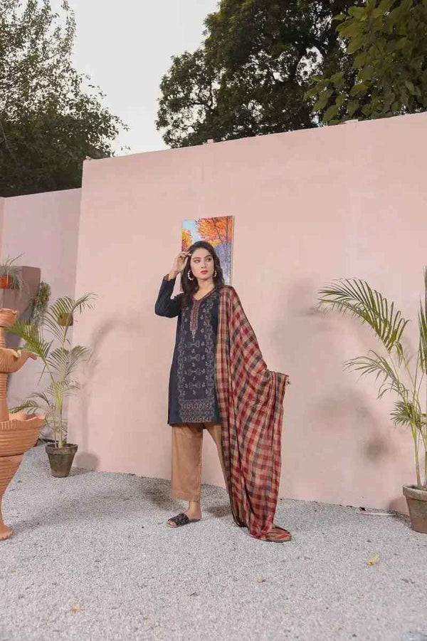 IshDeena Ready to Wear Embroidered Linen  Pakistani Dresses for Women Shalwar, Kameez with Check Shawl - Three Piece Set