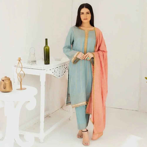 Pakistani Dresses for Women Ready to Wear Salwar Kameez with Dupatta Jacquard Sky Blue Orange